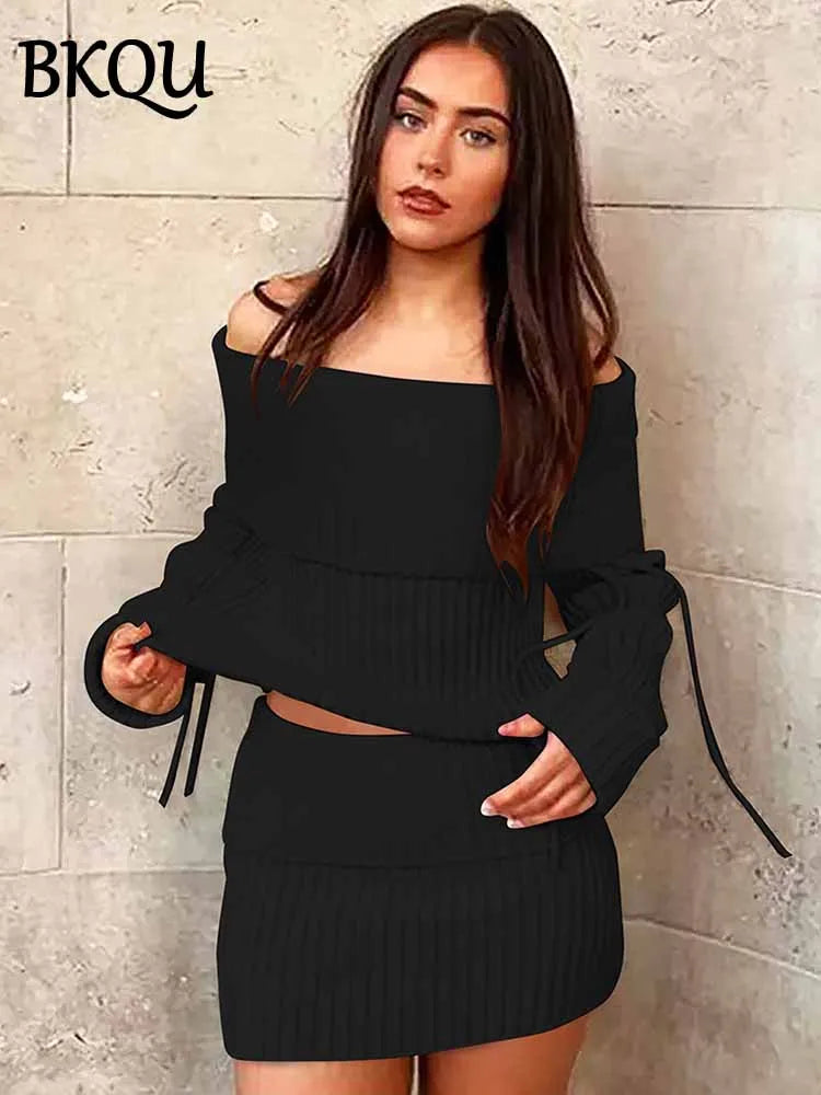 BKQU Sexy Off Shoulder 2 Piece Women Skirt Set Lace Up Long Sleeve Crop Top+Bodycon Mini Skirts Outfit Ladies Elegant Club Party