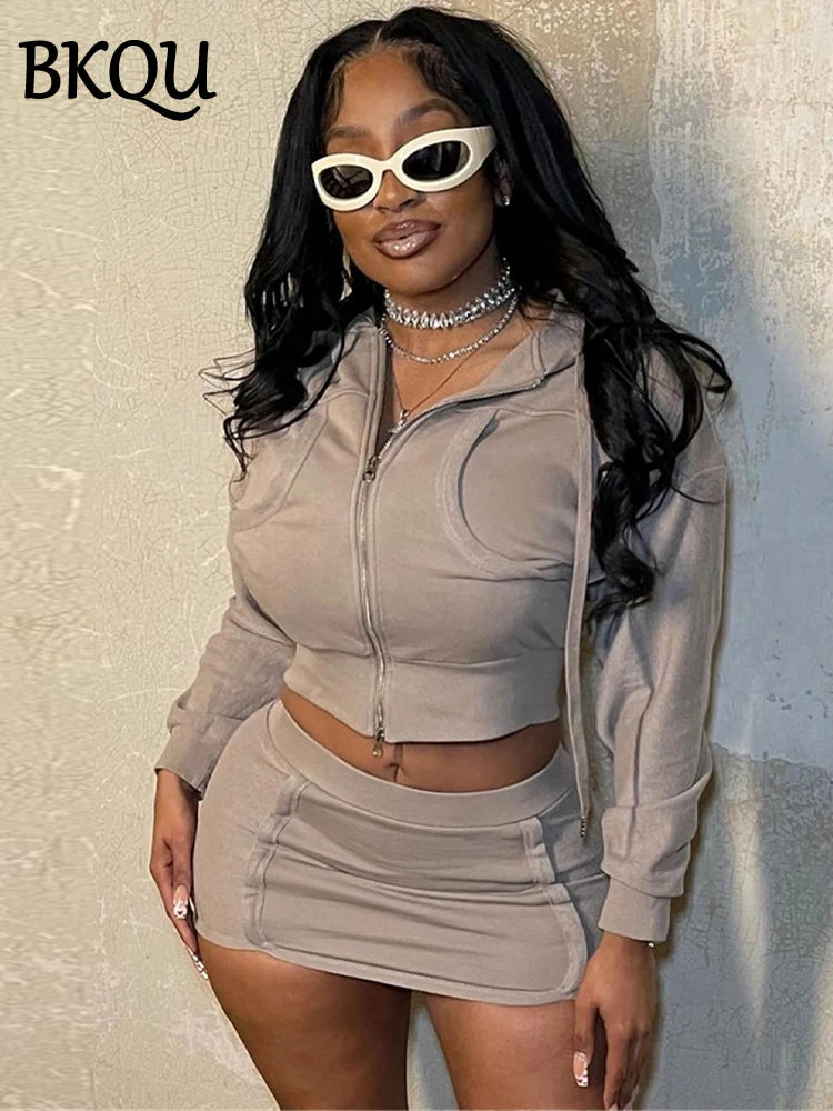 BKQU Casual Hoodie 2 Piece Women Skirt Sets Autumn Fashion Crop Zipper Jacket And Hip Wrap Mini Skirt Matching Tracksuit Outfits