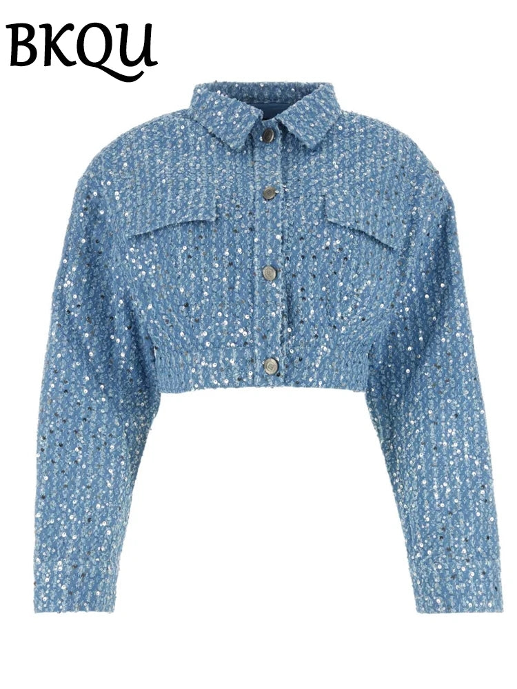 BKQU Sequins Denim Pants Women 2024 Fashion Outfits High Waist Shiny Wide Leg Jeans Spring Summer Luxury Night Club Trousers