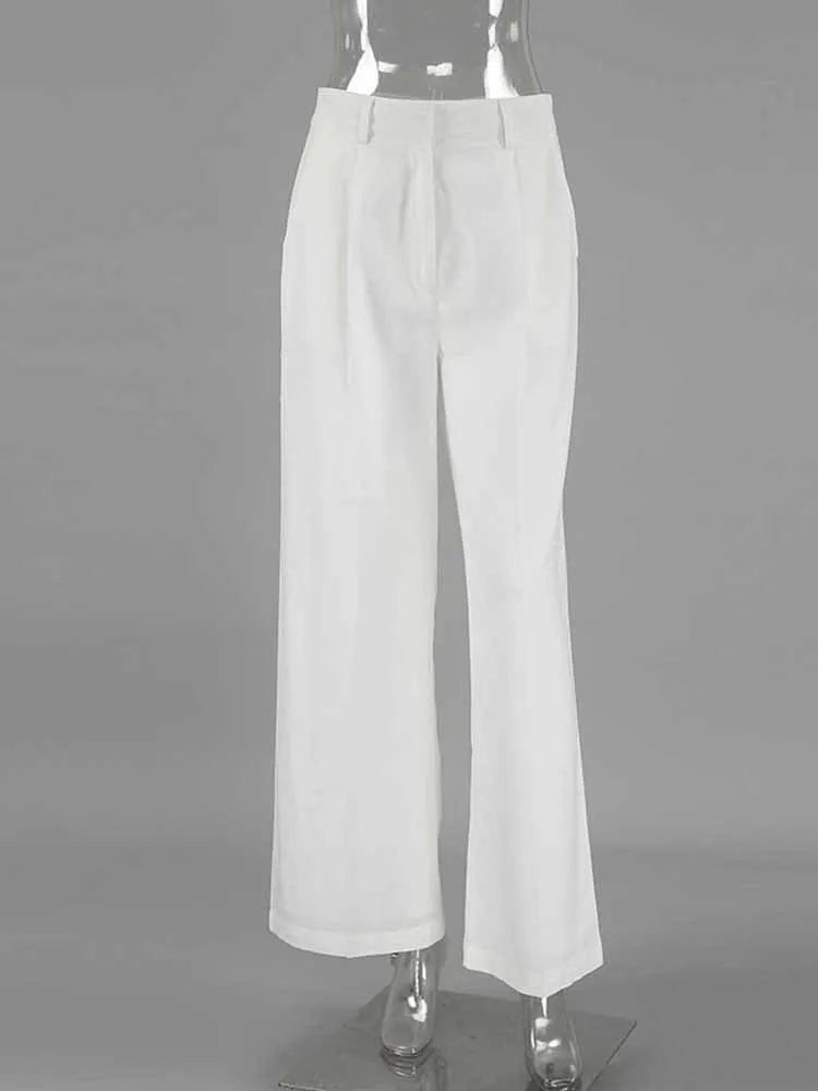 BKQU Casual High Waist Wide Leg Pants Women White Cotton Linen Pocket Straight Trousers 2025 Spring Summer Fashion Streetwear