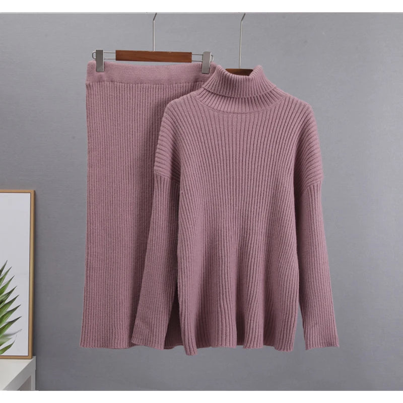 BKQU Turtleneck Sweater Elegant Knitted Skirt Suit Women Autumn Winter Soft Loose Pullover Elastic Slim Midi Skirt Two Piece Set
