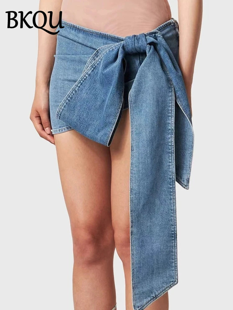 BKQU Women's Micro Skirts Summer Bow Design High Waist Denim Mini Skirts 2024 Sexy Party Nightclub A-line Wrap Penceil Skirt