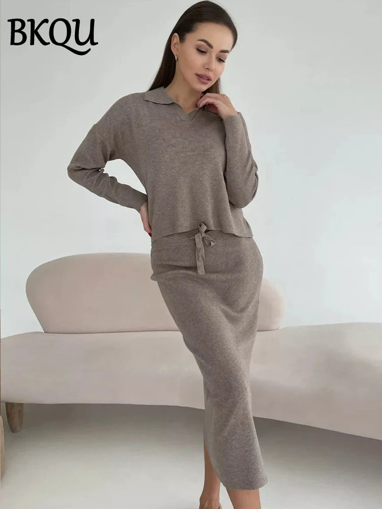 BKQU Lace-Up Knitted Skirt Two Piece Sets Women Elegant Long Sleeve Lapel Sweater+Split Midi Skirt Winter Lady Chic Warm Outfits