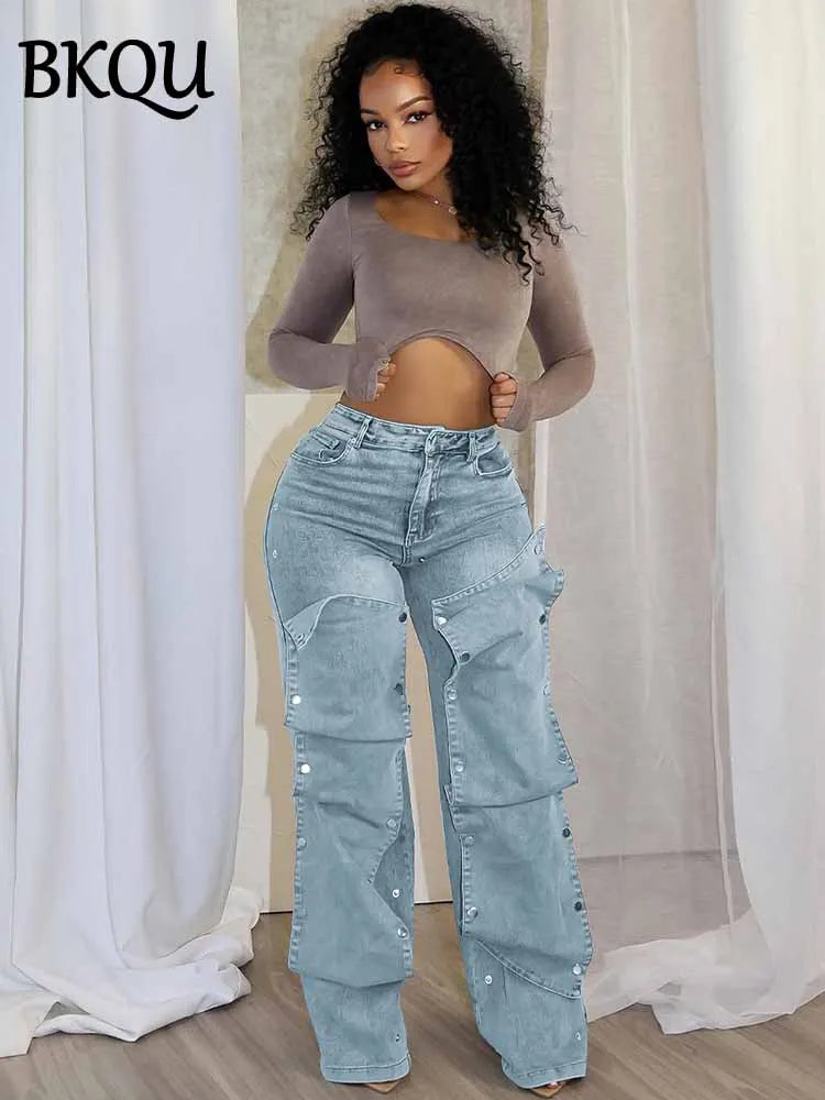 BKQU Cargo Detachable Buttons Straight Denim Pants Women Fashion Retro High Waist Streetwear Elastic Wide Leg Jeans Trouser 2025