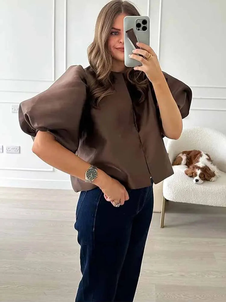 BKQU Elegant Satin Puffy Short Sleeve Shirts Women Solid Loose O-neck Single Breasted Blouses Female 2025 Chic Streetwear Tops