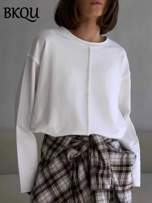 BKQU Oversize Cotton Long Sleeve T-Shirt Women Solid Color O-neck Casual Basic Tees 2025 Spring Knitted Soft Loose Pullover Tops