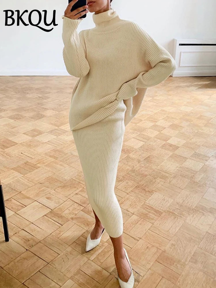 BKQU Knitted Dress Sets Women Loose Turtleneck Sweater Pullover And High Waist Long Skirt Two-Piece Set 2024 Fall Winter Outfits