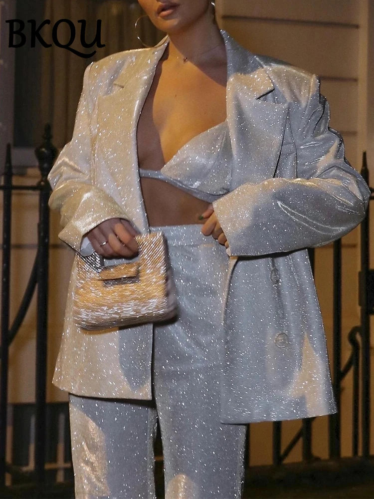 BKQU Shiny Silver Pants Set Women Party Club Blazer Two Piece Luxury Sets Femme Straight Pants and Glitter Blazers Matching Suit