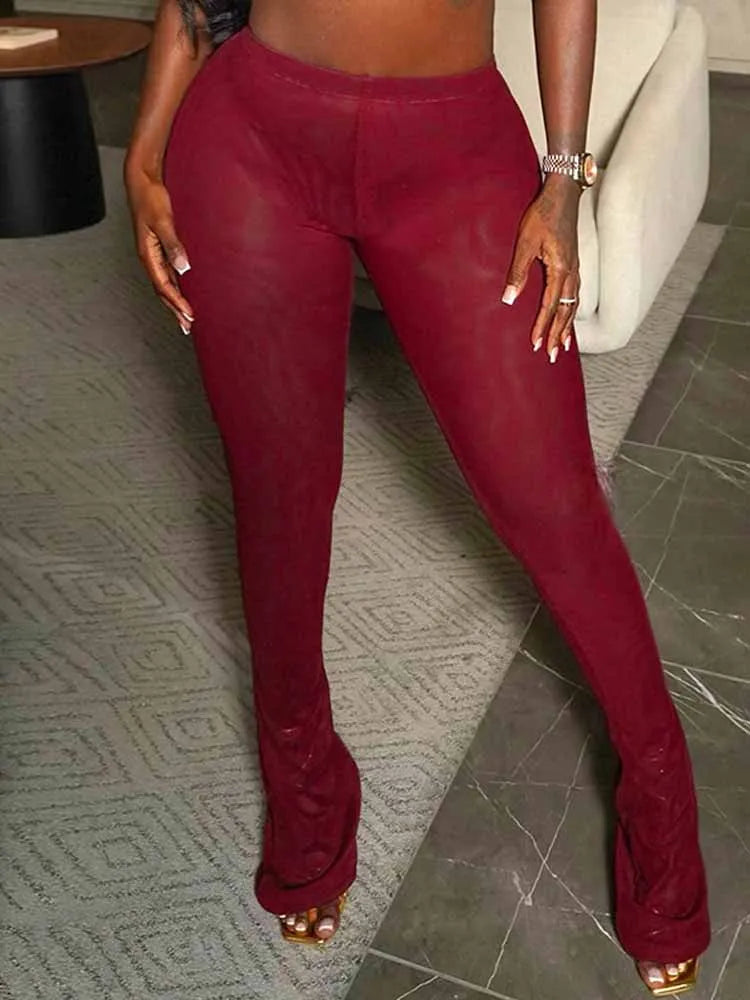 BKQU Mesh Sexy Midnight Flared Pants Women See Through High Waist Elastic Skinny Trousers Wine Red Female Club Party Bottom 2025