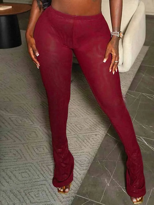 BKQU Mesh Sexy Midnight Flared Pants Women See Through High Waist Elastic Skinny Trousers Wine Red Female Club Party Bottom 2025