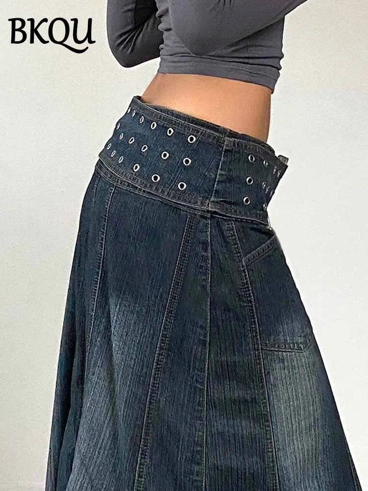 BKQU Vintage Rivet Belt Denim Skirt Women Low Waist A-Line Pockets Long Skirts Aesthetic Casual Y2k Baggy Jean Skirt 2025 Spring