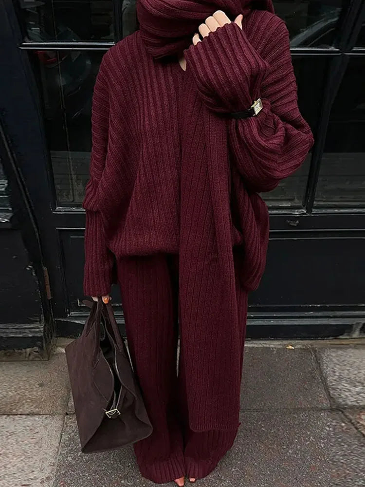 BKQU Elegant With Scarf Knit Pants Set Women Autumn Winter Loose V-neck Pullover Sweater Elastic Straight Trouser WarmStreetwear