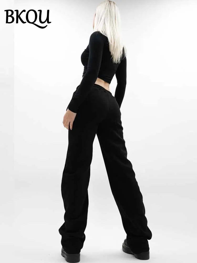BKQU 2025 Harajuku Wide Leg Sweatpants for Women Elastic Waist Casual Pocket Joggers Straight Trousers Fashion Streetwear Lady