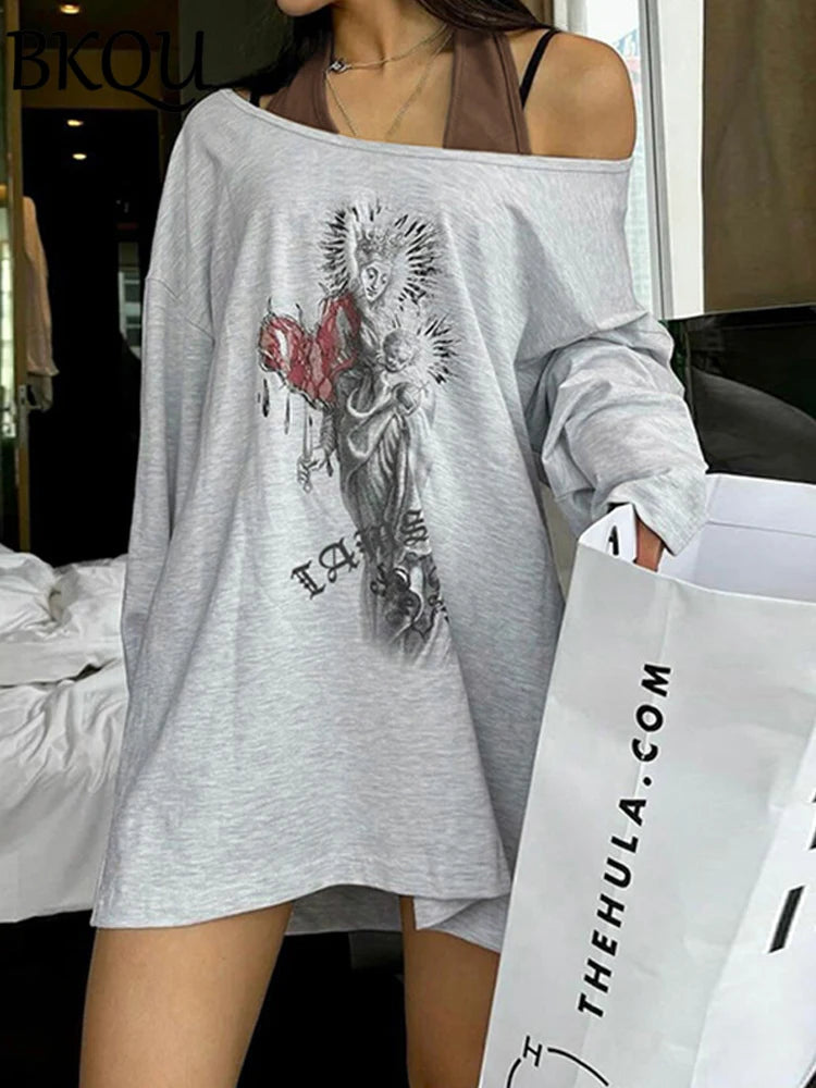 BKQU Graphic Print T-shirt Women Fake Two Pieces Long Sleeve Y2k Aesthetic Retro Tees Fashion Sexy Off Shoulder Loose Tops 2024