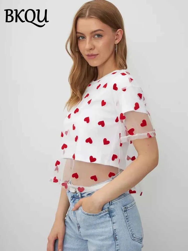 BKQU Crop Tops Women Heart Mesh Patchwork Fake Two Piece T-Shirt 2025 Summer Casual Y2k O-Neck Short Sleeve Tees Chic Streetwear