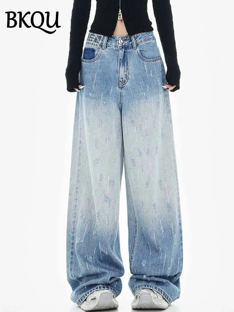 BKQU Rhinestone Jeans for Women Fashion Loose Wide Leg Denim Pants  High Wait Washed Blue Diamond Straight Jeans Chic Streetwear