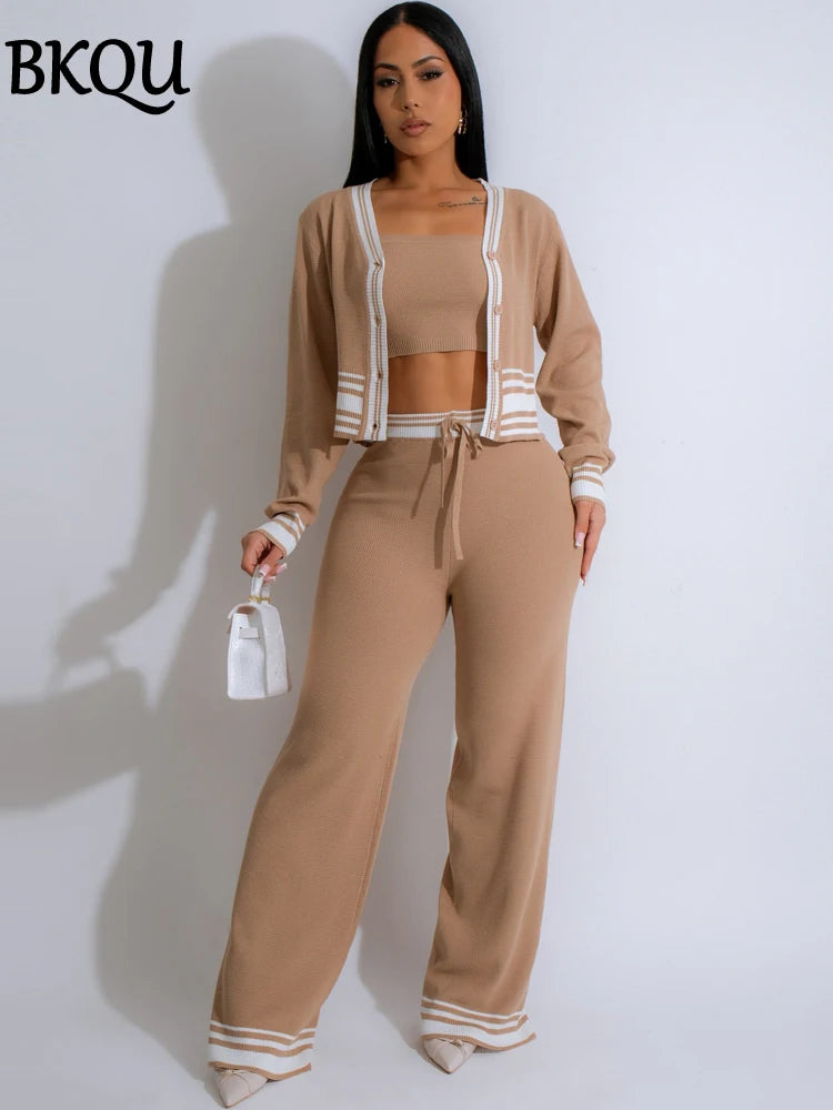 BKQU Knitted 3 Piece Set Elegant Women Long Sleeve Button Cardigan+Mini Vest and Wide Leg Pants Tracksuit Striped Knitted Suit