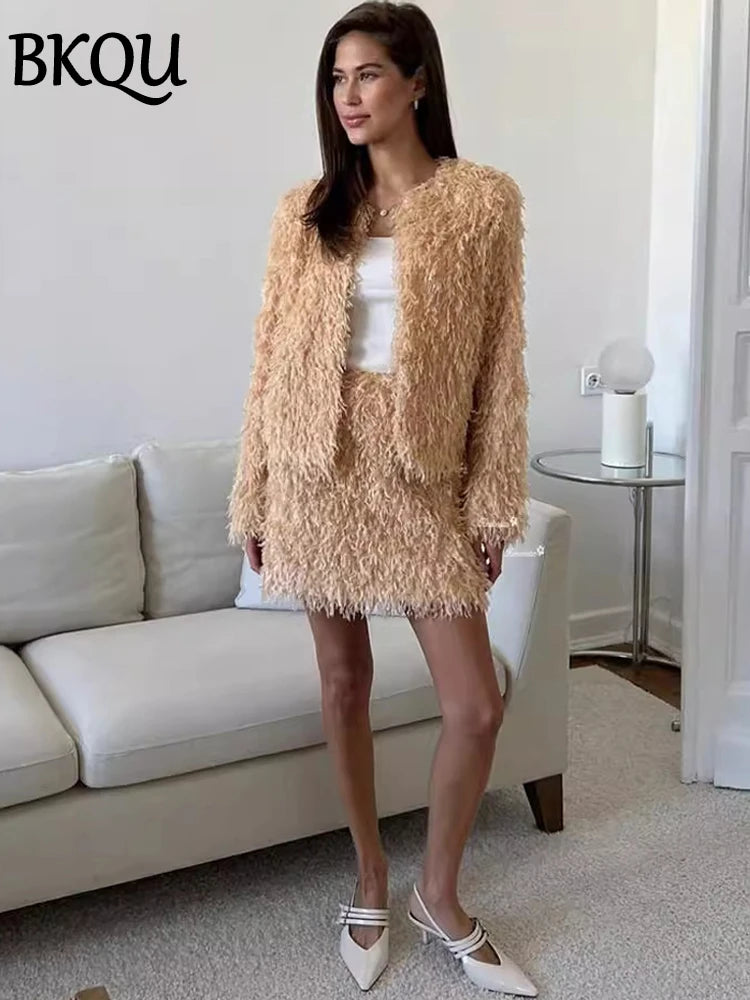 BKQU Autumn Skirt Two Piece Sets Women Long Sleeve Cardigan Coats and Straight Mini Skirts 2024 Winter Elegant Party Outfits
