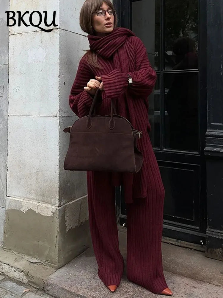 BKQU Elegant With Scarf Knit Pants Set Women Autumn Winter Loose V-neck Pullover Sweater Elastic Straight Trouser WarmStreetwear