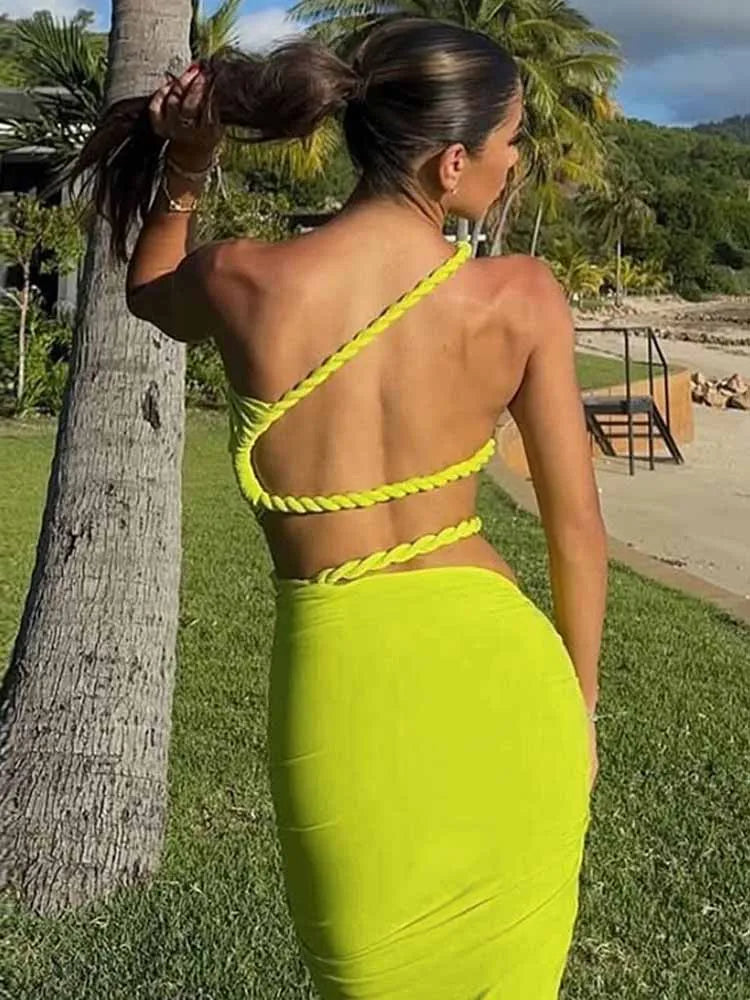 BKQU Elegant Ruched 2 Piece Set Women Irregular Skew Collar Backless Crop Tops+Hollow Out Maxi Skirt Sexy Matching Vacation Suit