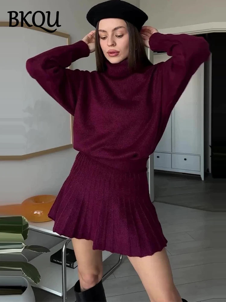 BKQU Elegant Pleated Mini Skirt 2-piece Set Women Fashion Loose Turtleneck Sweater Elastic High Waist A-Line Knitted Skirt Set