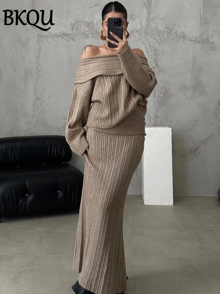 BKQU Knitted Women's Two Pieces Elegant Off Shoulder Sweater Pullover Slim Long Skirt Suit Autumn Winter Party Warm Lady Outfits