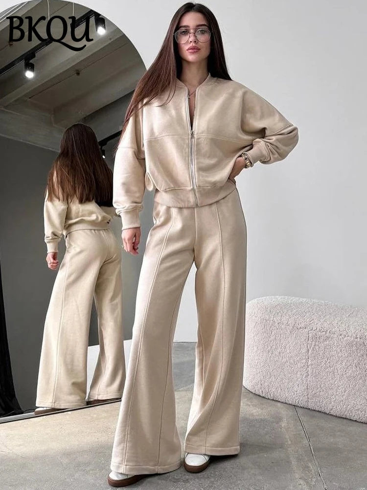 BKQU Solid Pants Set Women's Tracksuit 2025  Long Sleeve Zipper Jacket and High Waist Wide Leg Pants Two Piece Set Autumn Winter