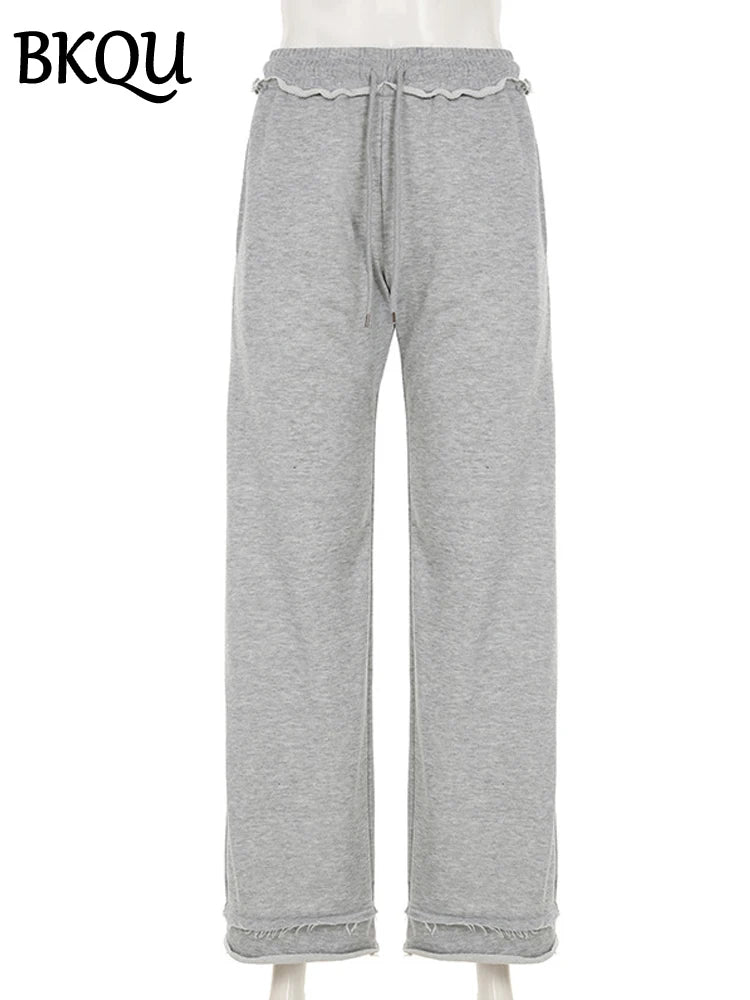 BKQU Casual Women Gray Zip Sweatshirt Trousers Suits Harajuku Fashion Letter Embroidery Hoodie Wide-Leg Sweatpants Two-Piece Set