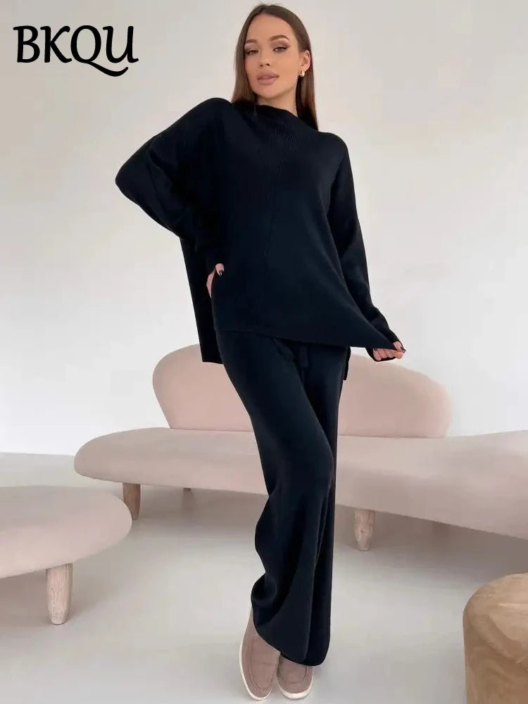 BKQU Casual Split Long Sleeve Sweater Pants Suits Women's Knitted Two Piece Sets Loose Soft Winter Female Commuting Outfits 2025
