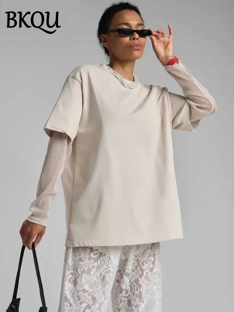 BKQU Summer Oversize T Shirt Women Cotton Patchwork Bright Mesh Long Sleeve Fake Two Pieces Top 2025 New Chic Female Street Tees