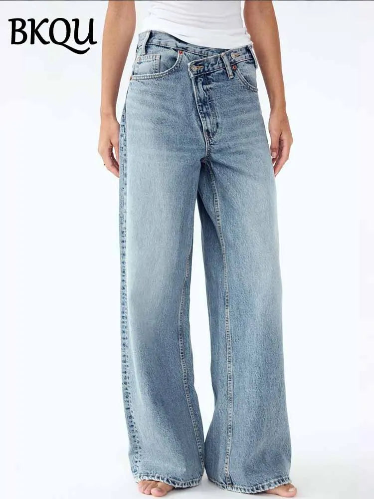 BKQU 2024 American Wide Leg Jeans Women Black High Waist Straight Diamond Rhinestone Baggy Denim Long Pants All-match Streetwear