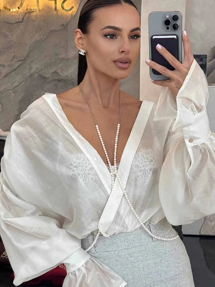 BKQU Solid Elegant See-Through Blouse Women 2025 Spring Long Sleeve Lapel Single Breasted Casual Loose Shirts Female Street Tops