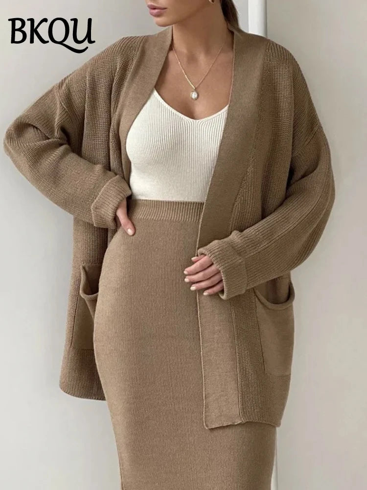 BKQU Elegant Knitted Skirt Two Piece Set Women V-neck Cardigan Coat Elastic Waist Bodycon Skirts Ladies Casual Warm Sweater Suit