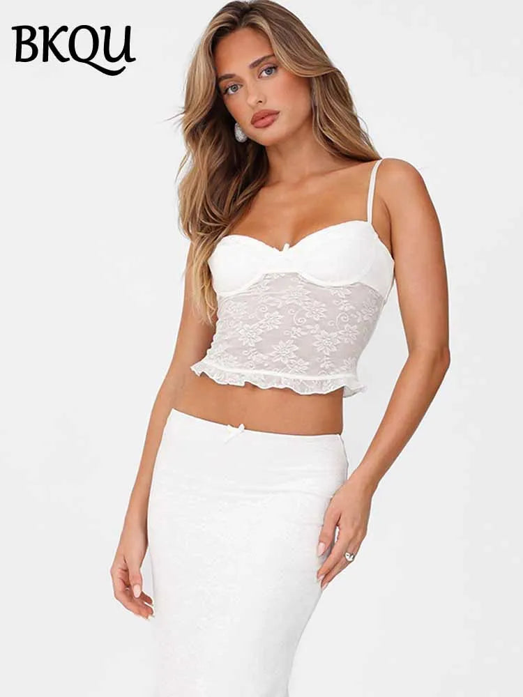 BKQU Ruffles Sexy Lace Skirt Two Piece Set Women Spaghetti Strap See Through Crop Tops And Long Skirts Matching Suit 2025 Summer