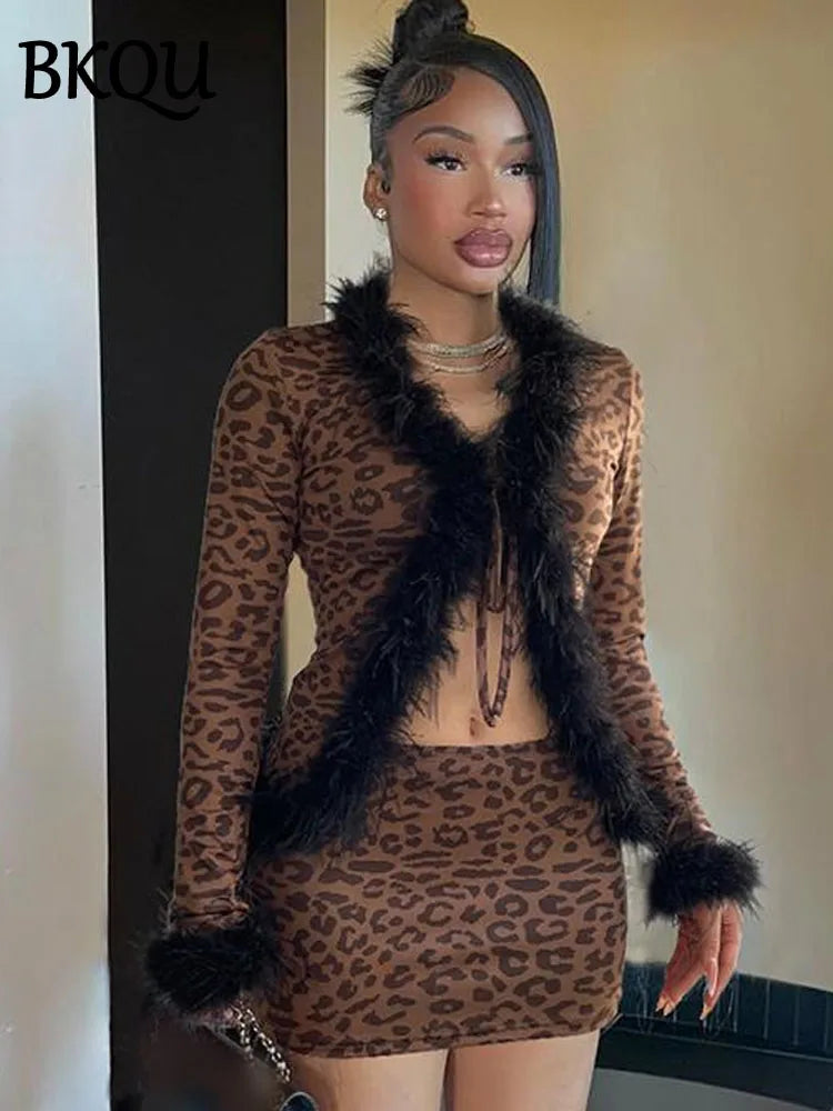 BKQU Leopard Print Sexy Lace Up Cardigan Mini Skirts 2 Piece Set Women Feather Patchwork Tops Bodycon Skirts y2k Party Clubwear