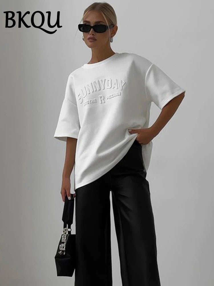 BKQU Womens Letter 3D Steel Printed T Shirt Summer 2024 Fashion Short Sleeve O Neck Cotton Soft Loose Tee Tops Oversized Shirts