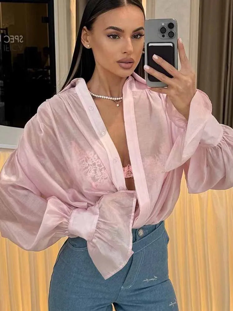 BKQU Solid Elegant See-Through Blouse Women 2025 Spring Long Sleeve Lapel Single Breasted Casual Loose Shirts Female Street Tops