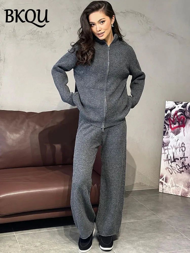 BKQU Sweater Cardigan Pants 2 Pieces Sets Women Casual Solid Zipper Jackets Wide Leg Trousers Autumn Winter Knitted Tracksuit