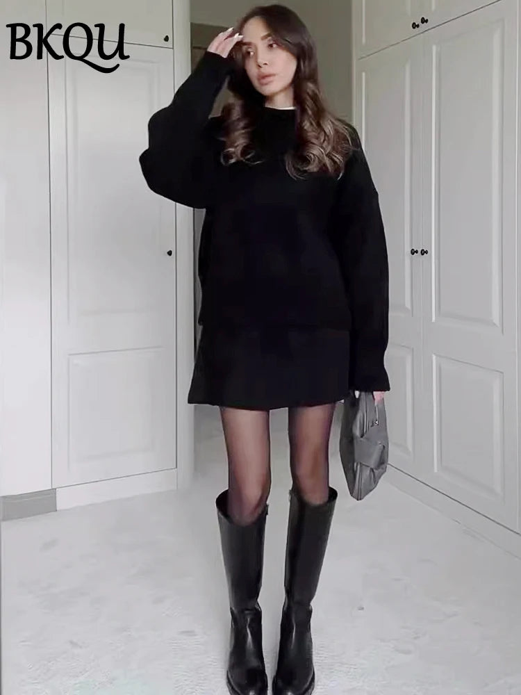 BKQU Sweater Skirt Sets For Women 2 Pieces Knit Casual Versatile Long Sleeve Pullover Elegant Solid High Waist Mini Skirt Outfit