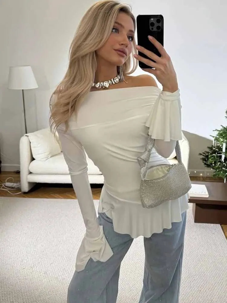 BKQU Elegant White Ruffled T-shirt Women Sexy One Shoulder Long Sleeve Slim Pullover Tops 2025 New Spring Y2k Casual Streetwear