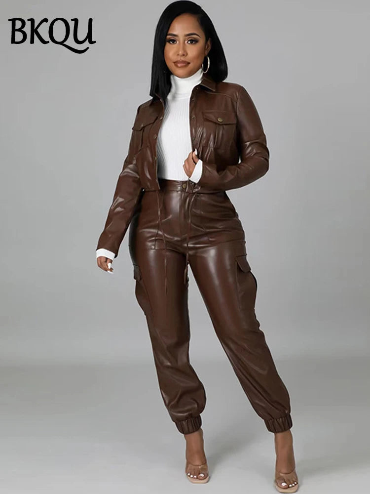 BKQU Women Pants Sets PU Leather Single Breasted Coat High Waisted Pockets Slim Pencil Pants 2 Piece Sets Fashion Winter Outfits