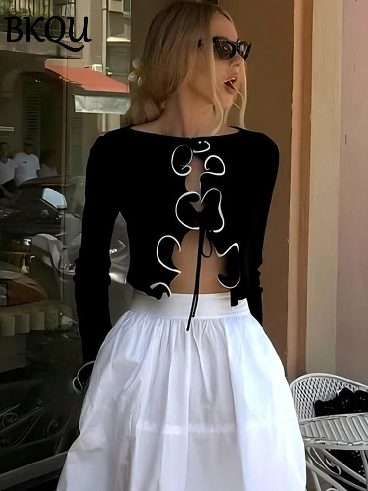 BKQU Elegant Lace Up Cardigan Women Black White Patchwork Long Sleeve Ruffled Slim T-Shirt Hollow Out Sexy Club Party Crop Tops