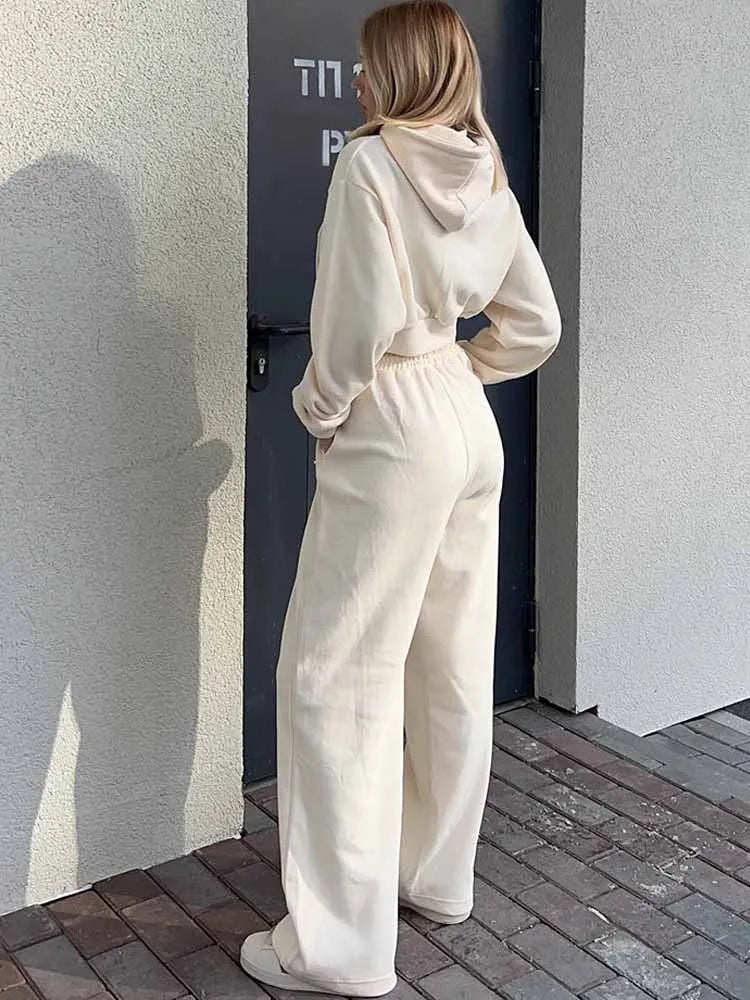 BKQU Casual Pants Sets Woman Hooded Long Sleeve Zipper Sweatshirt Solid Lace-up Wide Leg Sweatpants 2025 New Fashion Tracksuit