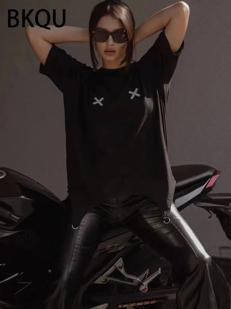 BKQU Black T shirts for Women 2024 High Street Letter Rhinestone Loose O-neck Tees Top Short Sleeve Hot Diamonds Tassel Pullover