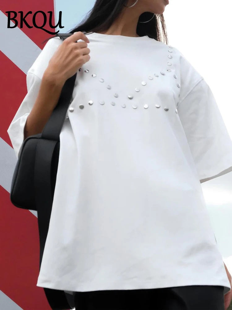 BKQU Rhinestone Loose T shirts for Women 2024 Harajuku Goth Graphic Short Sleeve O-neck Hot Diamonds Female Tees Pullovers Retro