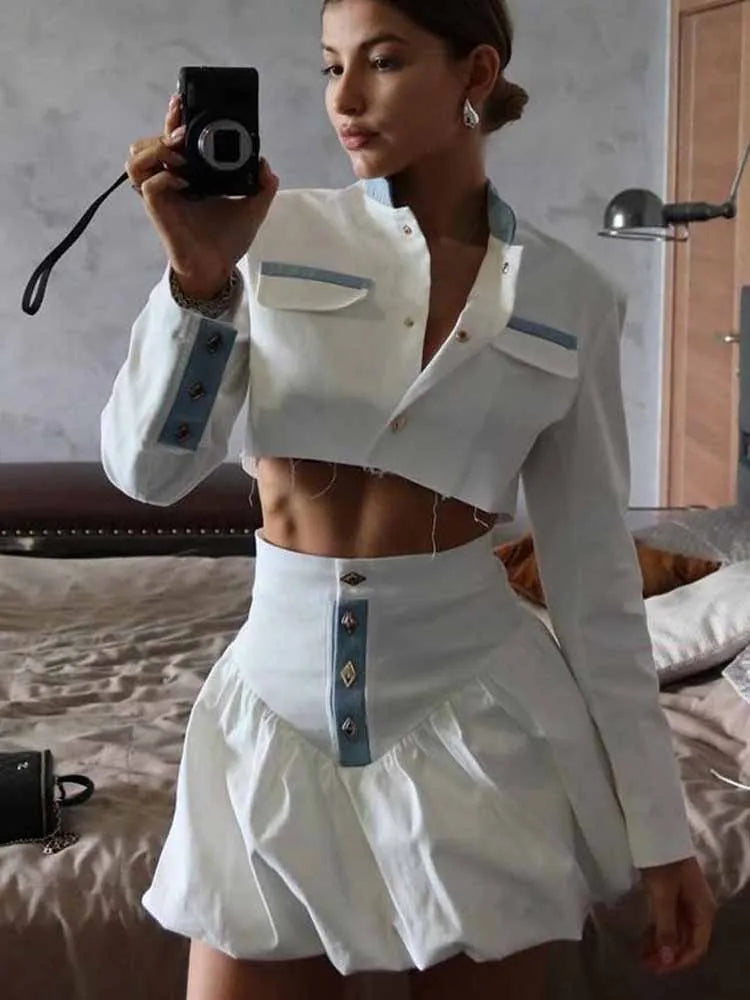 BKQU Elegant Women Sets Patchwork Long Sleeve Button Crop Jacket High Waist Pleated Mini Skirt Two Piece Sets 2025 Spring Outfit
