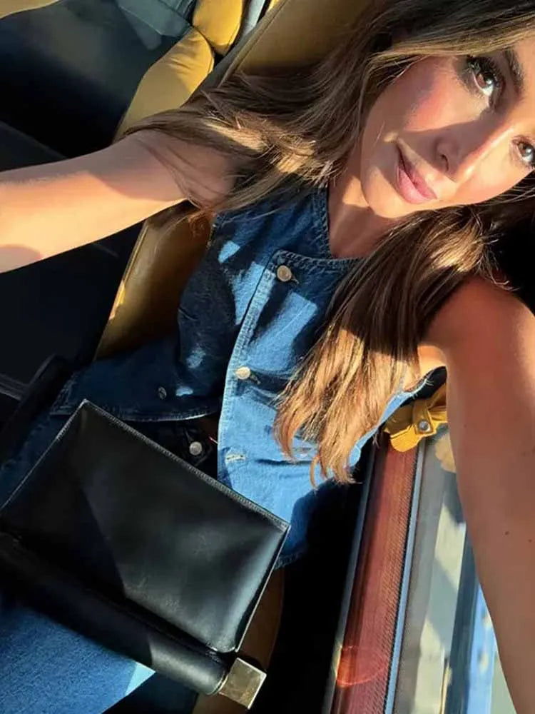 BKQU Elegant Waistcoat Jeans Suit Women 2025 Fashion Single Breasted Sleeveless Slim Vest Denim Wide Leg Pants 2 Piece Sets Lady