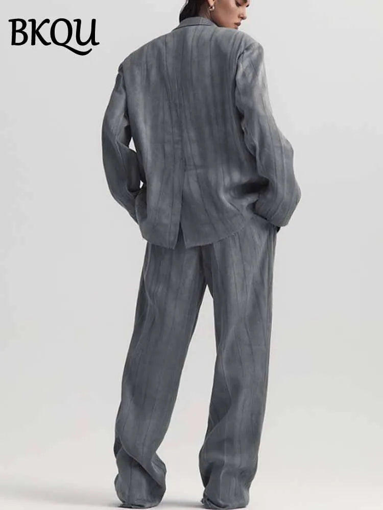 BKQU Vintage Tie-dye 2 Piece Sets Women Fashion Long Sleeve Blazer Coat Loose Wide Leg Pants Matching Set Female Casual Outfits