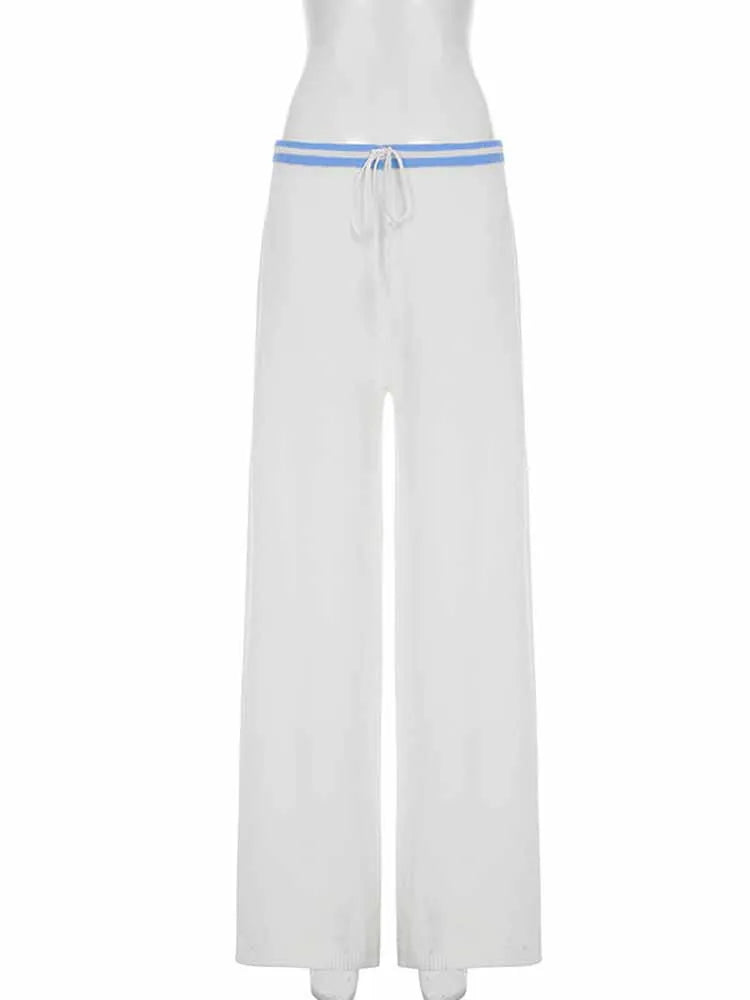 BKQU Summer Knit Lace-Up Pants Suit Women Contrast Slim Y2k Sleeveless Tank Tops+Drawstring Waist Straight Trousers Lady Outfits