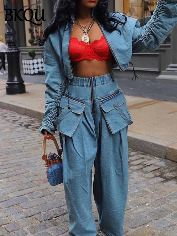 BKQU Fashion Denim Women's Sets Ruched Long Sleeve Zipper Jacket Patchwork Big Pocket Wide Leg Jeans Pants Two Piece Set Hip Hop